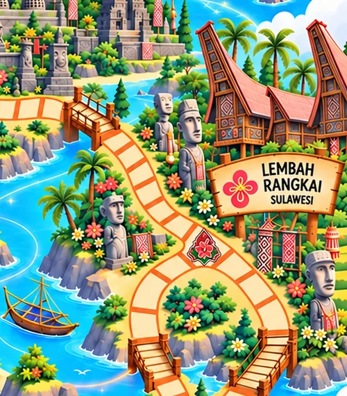 Traditional houses and vibrant flowers in Sulawesi