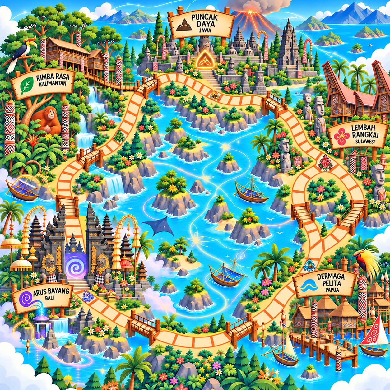 Illustrated MINDQUEST board-game world map with winding paths connecting Rimba Rasa in Kalimantan, Puncak Daya in Java, Lembah Rangkai in Sulawesi, Dermaga Pelita in Papua, and Arus Bayang in Bali.